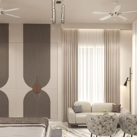 3D-rendered master bedroom with a sculptural fluted arch-pattern wardrobe wall in taupe and cream, a separate sitting lounge