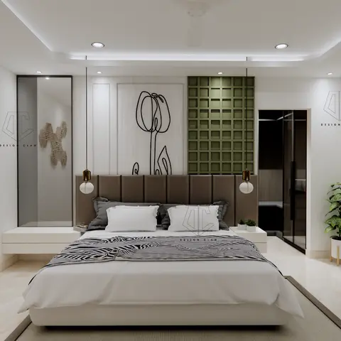 bedroom with a taupe channel-tufted headboard beneath an olive 3D tile panel, flanked by mini globe pendant lights and a