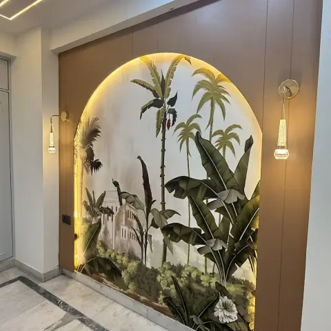 Foyer with a backlit arched wall niche painted with a tropical palm and peacock mural, flanked by brass drop wall sconces