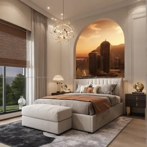 Luxury master bedroom with an arched wall niche displaying a scenic mural above an upholstered channel-tufted bedhead and a