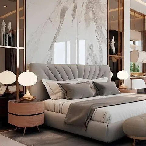 Master bedroom with a full-height marble-slab headboard wall in brass-trimmed panels, a grey channel-tufted upholstered bed