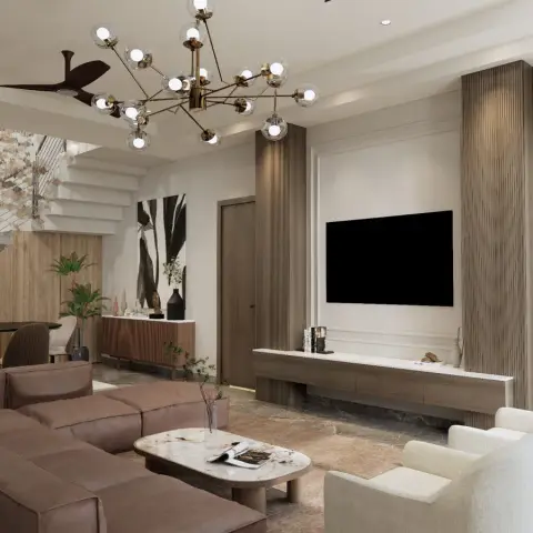 Duplex living room with a fluted wood-panelled TV wall flanked by ribbed pilasters, a branching glass-globe chandelier, and