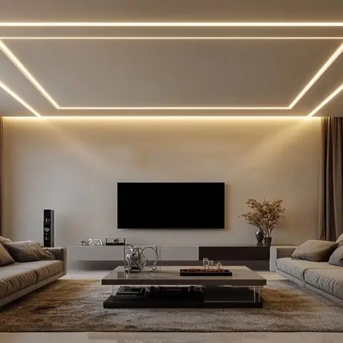 a symmetric living room with two facing sofas either side of a marble coffee table, a floating TV console on the back wall,
