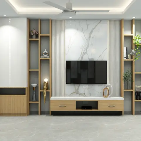 Living room TV wall with a book-matched marble panel flanked by fluted trims, open wood display shelving styled with plants