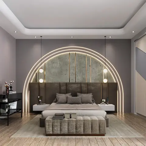 Bedroom with a king bed against a backlit arch of concrete-textured wall panelling with brass fluted strip inlays, flanked