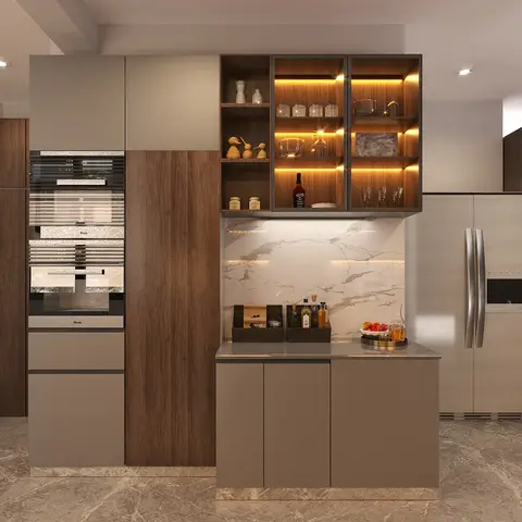 A luxury kitchen with tall walnut cabinetry housing a built-in wall oven, a backlit open shelving display niche, a marble