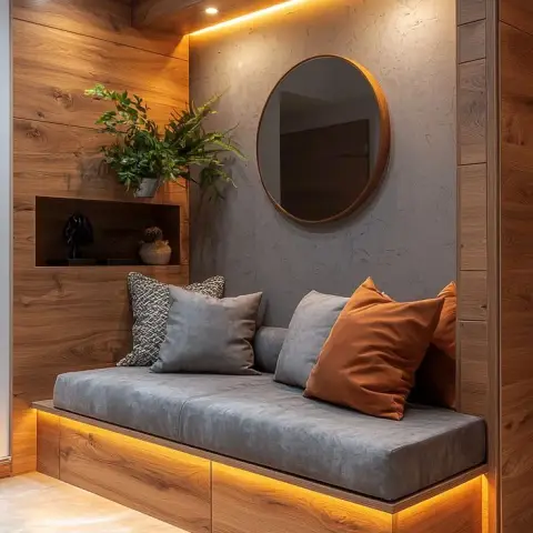 Entrance nook with a built-in wood shoe-storage bench topped with grey and rust cushions, lit by an LED strip beneath the