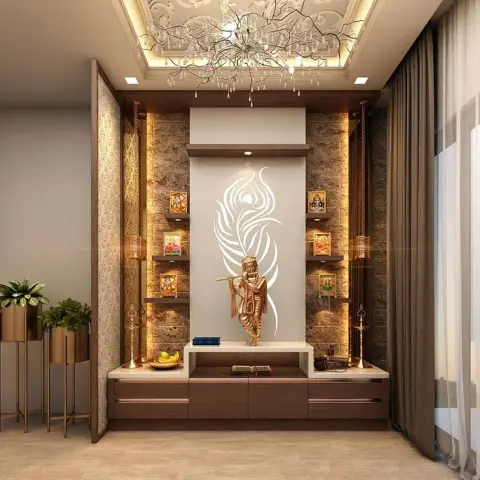 Dedicated pooja room with a stone-clad altar wall, a backlit feather-motif art panel behind a Krishna statue, floating