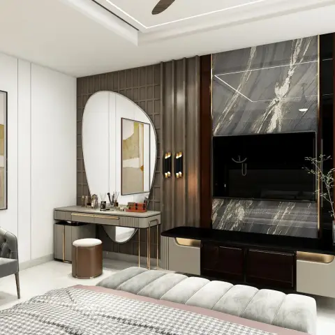Master bedroom with a book-matched grey marble TV wall, gold-trimmed floating console, and an oval dressing mirror at a grey