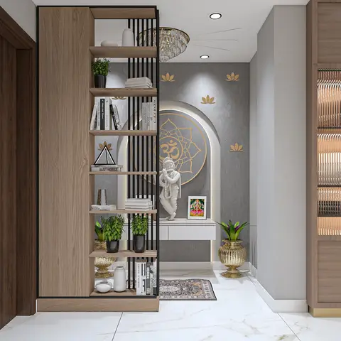 Entrance foyer with an open wood bookshelf room divider beside a backlit arched prayer niche featuring an Om medallion and a
