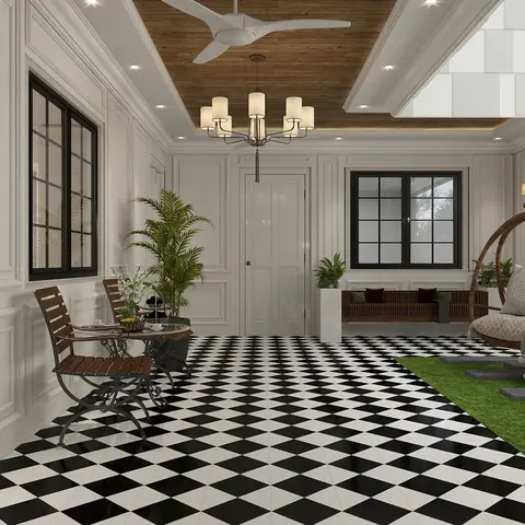 Classic entrance hall with a black-and-white checkerboard tiled floor, a wood-panelled ceiling insert, and a rattan hanging