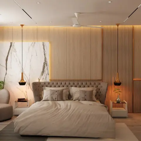 Bedroom with a marble-slab headboard backdrop, light oak fluted panelling, brass drop pendants, and a fireside-style