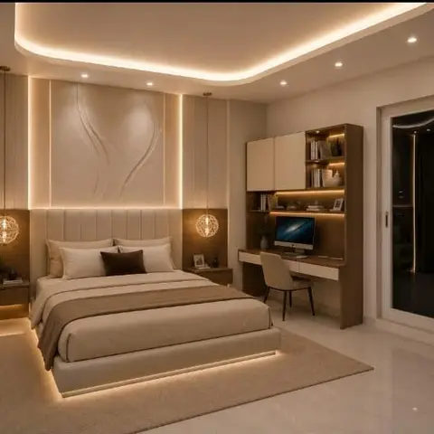 Master bedroom with a floating bed on a backlit plinth, a sculptural wave-relief headboard wall lit by two sphere pendant
