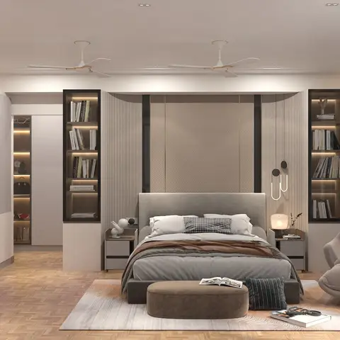 Primary bedroom with a fluted wall panel with gold inlay strips behind an upholstered bed, twin lit bookshelf niches