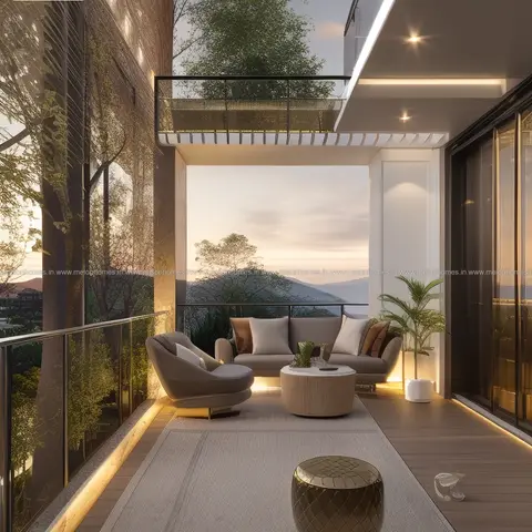 A furnished balcony with a wraparound taupe sofa, round coffee table, and a brass-finish side stool on wood decking