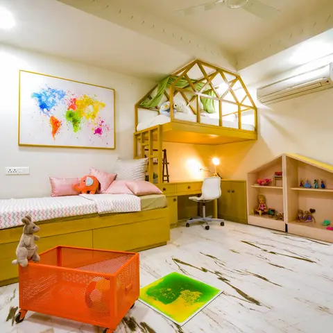 Kids' bedroom with a mustard-yellow storage bed, a house-frame loft structure over a built-in study desk, and a colorful