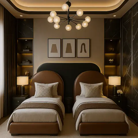Twin-bed guest room with leather-upholstered headboards, a sputnik chandelier, and backlit display niches in dark marble