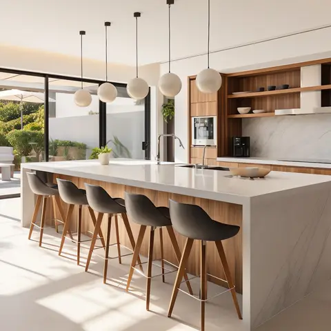 Sunlit kitchen with a long marble waterfall island, five round pendant lights, and warm walnut cabinetry opening onto an