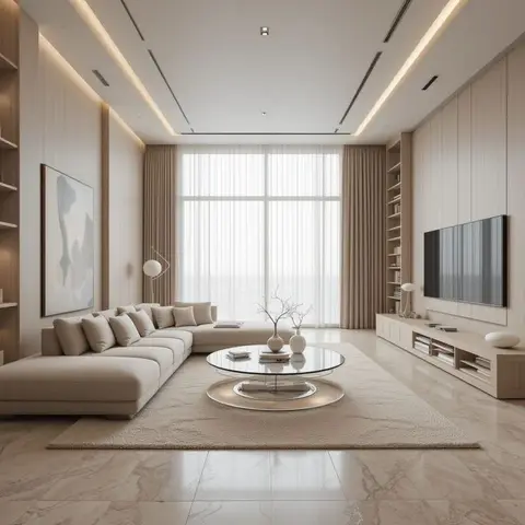 Double-height minimalist living room with a large beige sectional sofa, a round glass coffee table on a plush rug,
