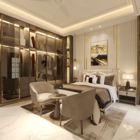 Luxury bedroom render with a bronze-glass and brass-framed wardrobe wall lit shelf by shelf, a channel-tufted ivory