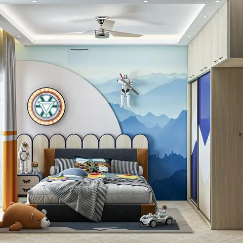 Space-themed kids' bedroom with an arched blue mountain-silhouette mural, a circular arc-reactor wall light, stormtrooper