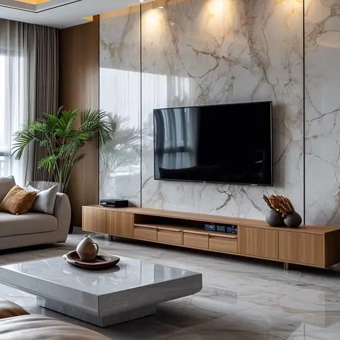 Living room with a full-height book-matched marble slab wall behind a wall-mounted TV, a warm wood floating console below,