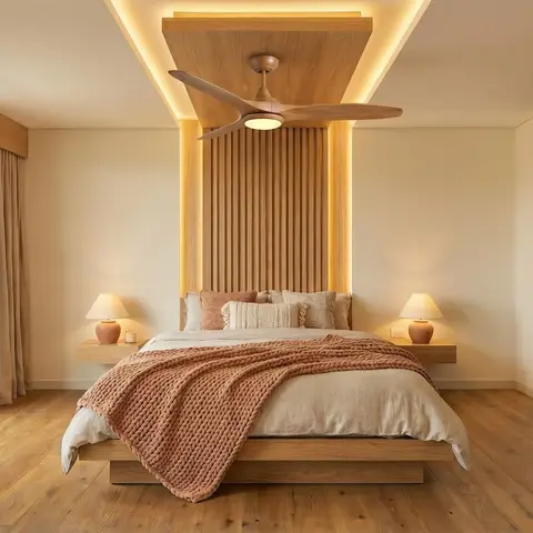 Japandi-style master bedroom with a wood-slat canopy headboard wall lit by a cove light, an open walk-in wardrobe nook, and