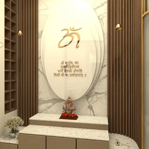 Pooja unit with a white marble backdrop panel inscribed with a gold Om symbol and Sanskrit verse, flanked by fluted wood