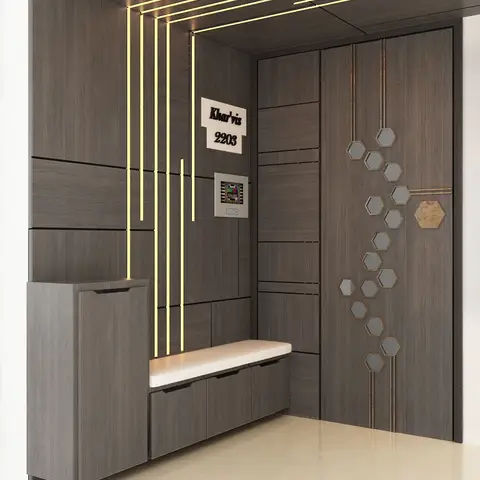 Entrance foyer with a dark wood-veneer main door featuring a hexagonal mirror mosaic inlay, a cushioned shoe-cabinet bench,