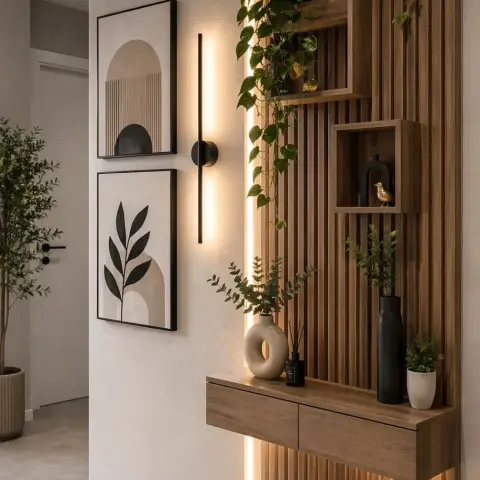 Entrance wall in fluted walnut-slat panelling with a floating console, integrated LED profile lighting, framed line-art