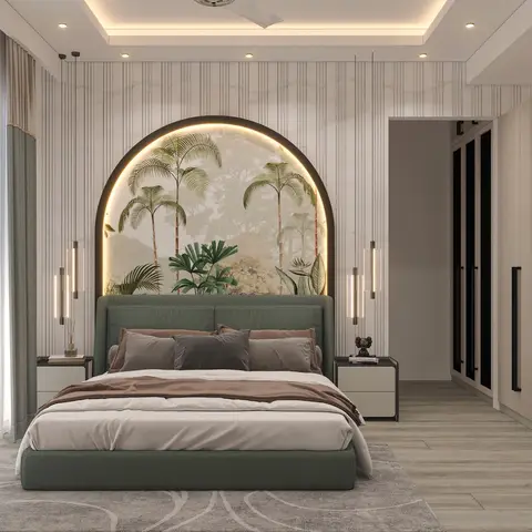 A primary bedroom with a sage-green upholstered bed against a backlit arched wallpaper mural of palm trees, flanked by tube