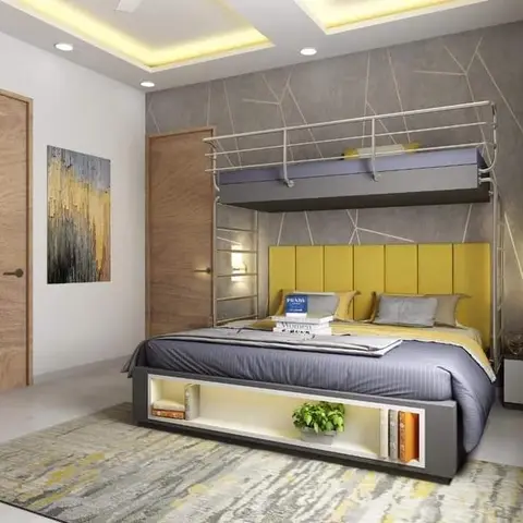 Kids' bedroom with an elevated loft bunk over the main bed, a mustard-yellow tufted headboard, a geometric grey accent wall,