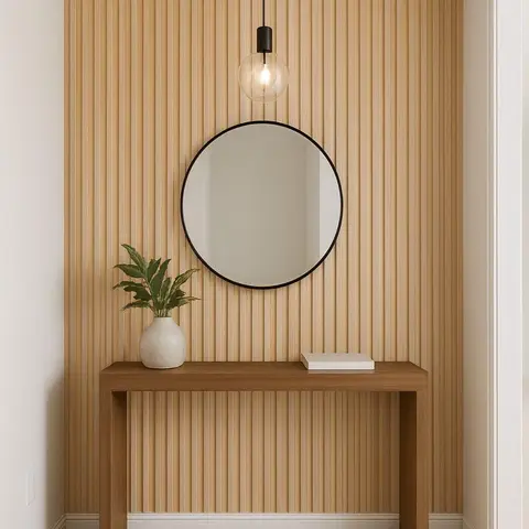 Entryway nook with a full-height fluted wood-slat accent wall, a round black-framed mirror, and a matching solid-wood