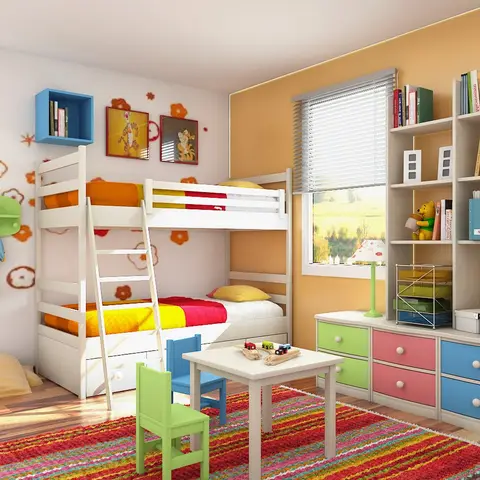 Kids' bedroom with a white bunk bed, a modular storage unit in green-pink-blue drawers, a small play table, and a colourful