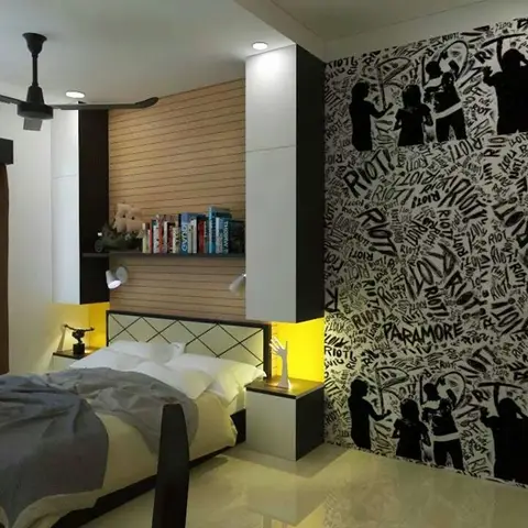 Teen bedroom with a black-and-white graphic band-poster mural wall, a black metal-frame bed with built-in nightstands,