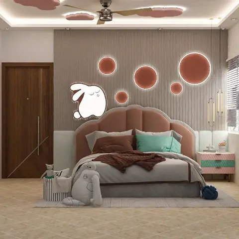 A child's bedroom with a fluted grey panel headboard wall lit by glowing pink circles and a bunny silhouette light, a
