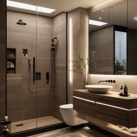 Spa-style bathroom with a backlit floating walnut vanity and vessel basin, matte black fixtures, and a frameless glass rain