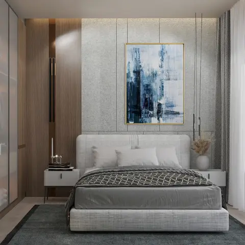 Bedroom with an upholstered grey bed under a large blue-toned abstract artwork on a fabric-panelled wall, flanked by