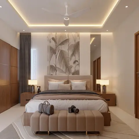 Master bedroom with a wood sliding-door wardrobe wall, cove-lit stepped ceiling, a tropical-leaf wallpaper panel behind the