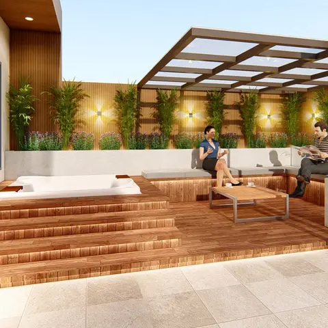 Rooftop timber deck with a built-in jacuzzi, a slatted wood privacy wall lined with potted bamboo, and a pergola-shaded