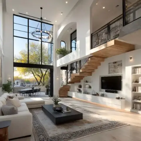 Double-height living room with a floating wood-and-steel staircase, black-framed floor-to-ceiling windows, and a built-in