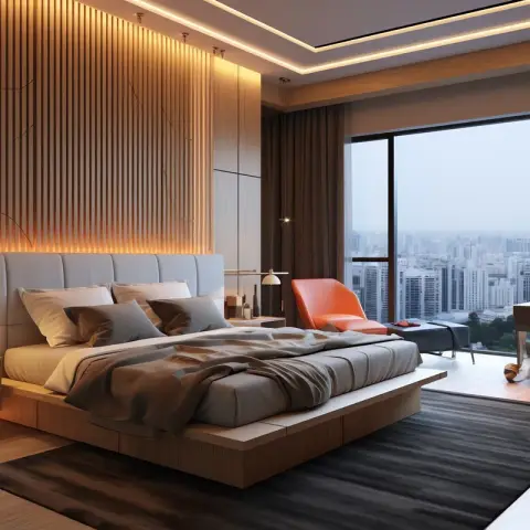 High-rise bedroom with a backlit vertical wood-slat headboard wall, a low platform bed with grey tufted headboard, and