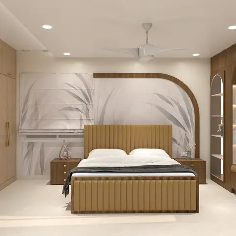 Bedroom render with a mustard channel-tufted bed against an arched wood-trimmed wall featuring a botanical wallpaper mural,