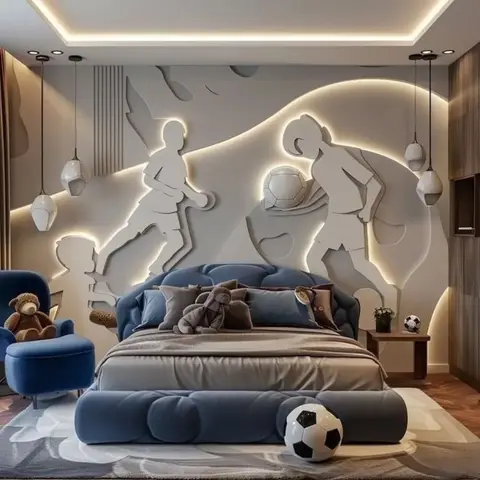 Kids' bedroom with a tufted navy bed, a backlit 3D football-player relief wall mural, matching pendant lights, and a velvet