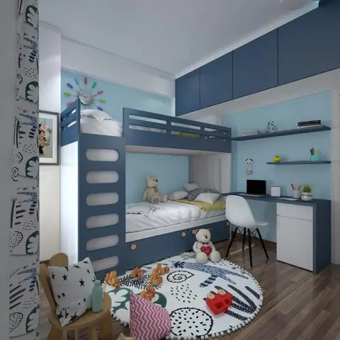 Kids' bedroom with a built-in navy blue bunk bed, a matching study desk with overhead storage, and a round patterned rug on