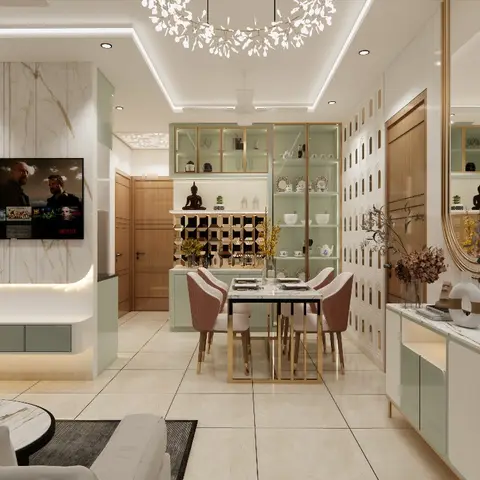 Open-plan living-dining space with a marble-look TV wall and floating console, a sage-green glass-front crockery display, a