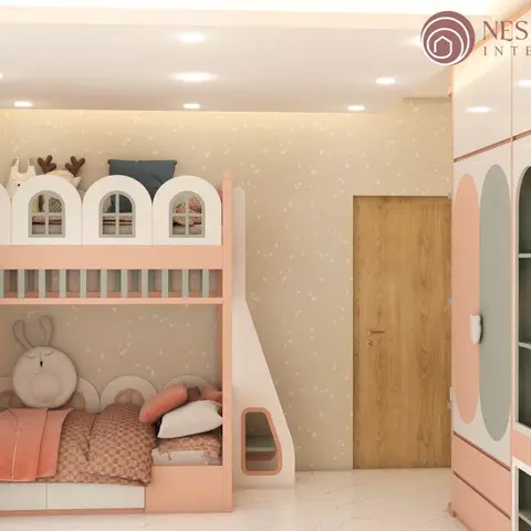 Children's bedroom with a peach-and-white playhouse-style bunk bed complete with a slide, star-pattern wallpaper, and a