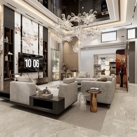 Double-height living room with a cluster of flower-shaped crystal pendant chandeliers, a marble-clad TV wall with dark wood