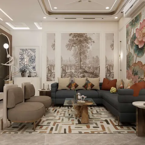 Living room with a botanical mural triptych and a raised floral relief art panel flanking a navy-blue sectional sofa on a