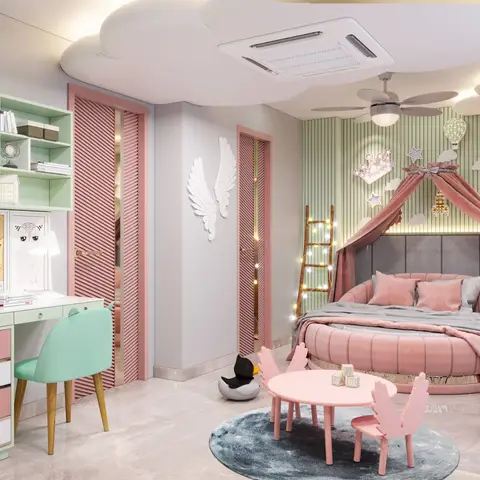 Kids bedroom with a round pink upholstered canopy bed against sage fluted wall panelling, and a mint-and-blush study desk